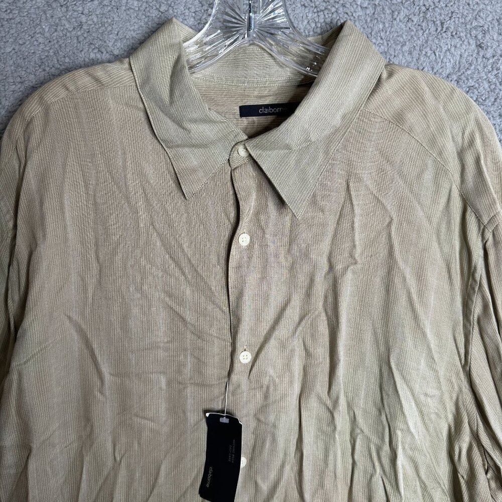 Claiborne Button Front‎ Shirt Mens Size XXL Beige White Pinstripe Casual Office